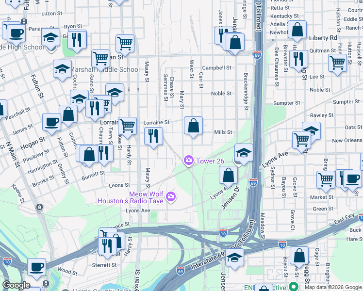 map of restaurants, bars, coffee shops, grocery stores, and more near 2310 Harrington Street in Houston