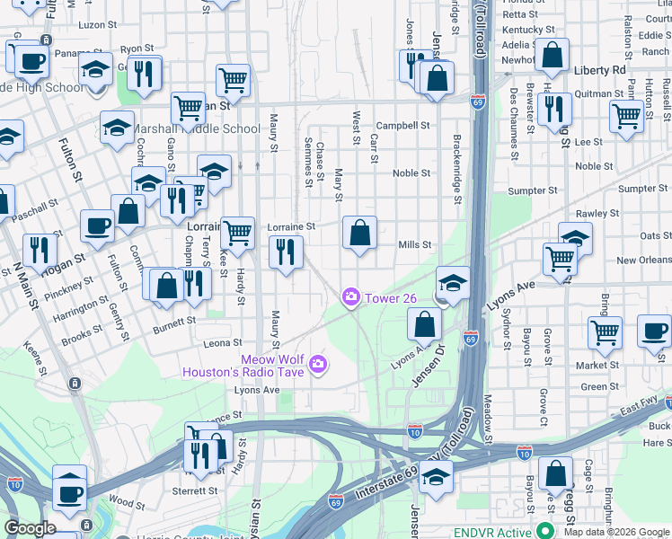 map of restaurants, bars, coffee shops, grocery stores, and more near 2219 Brooks Street in Houston