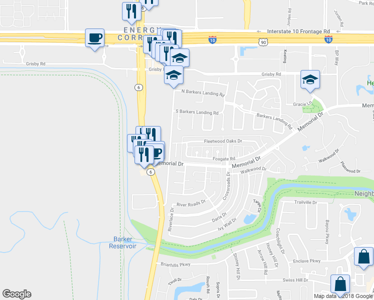 map of restaurants, bars, coffee shops, grocery stores, and more near Center Hill Drive in Houston