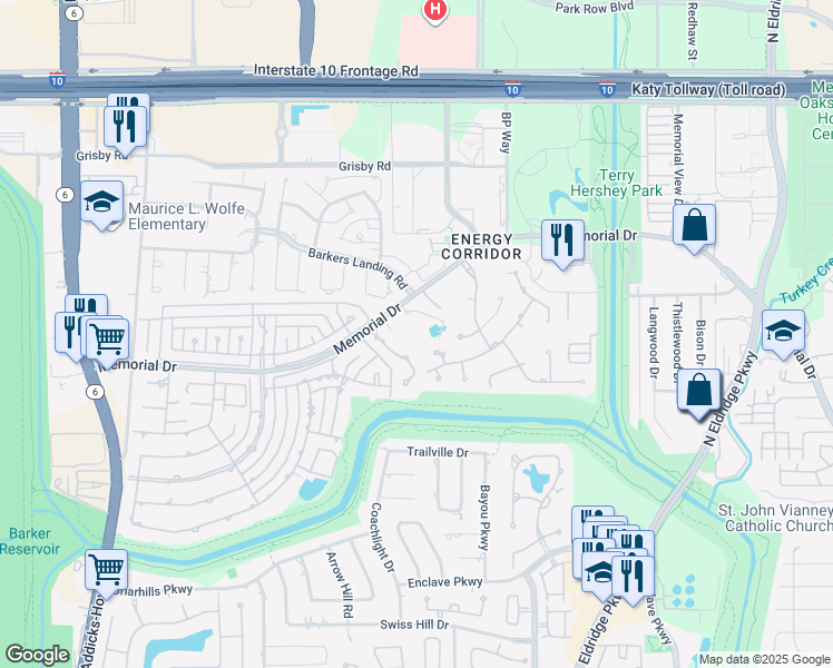 map of restaurants, bars, coffee shops, grocery stores, and more near 15635 Memorial Drive in Houston