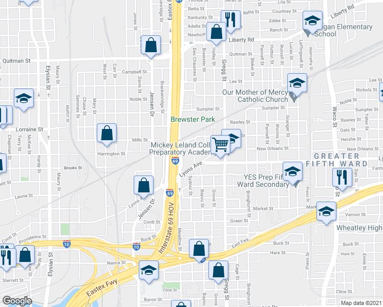 map of restaurants, bars, coffee shops, grocery stores, and more near 1619 Des Chaumes Street in Houston