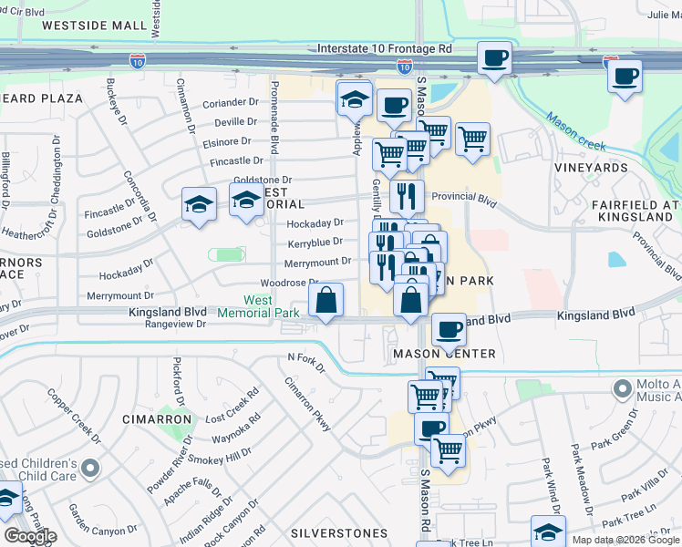 map of restaurants, bars, coffee shops, grocery stores, and more near 22114 Woodrose Drive in Katy