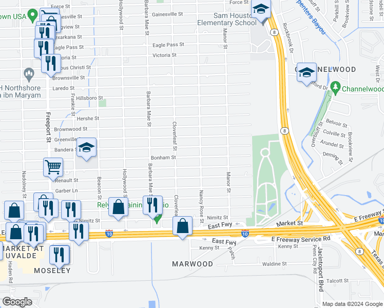 map of restaurants, bars, coffee shops, grocery stores, and more near 14439 Bonham Street in Houston