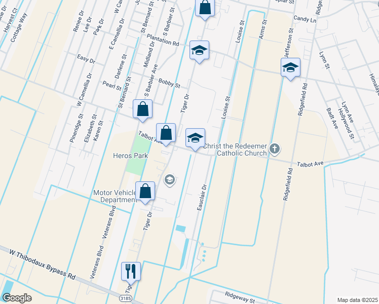 map of restaurants, bars, coffee shops, grocery stores, and more near 1019 Talbot Avenue in Thibodaux