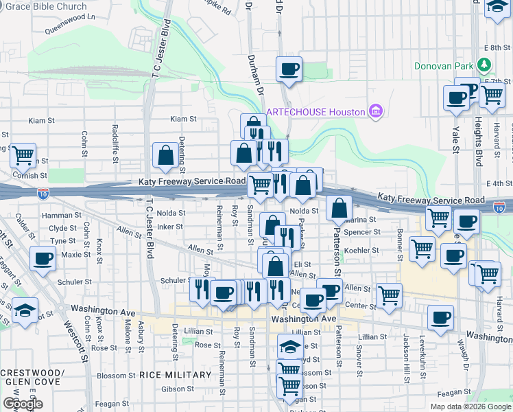 map of restaurants, bars, coffee shops, grocery stores, and more near 5006 Nolda Street in Houston