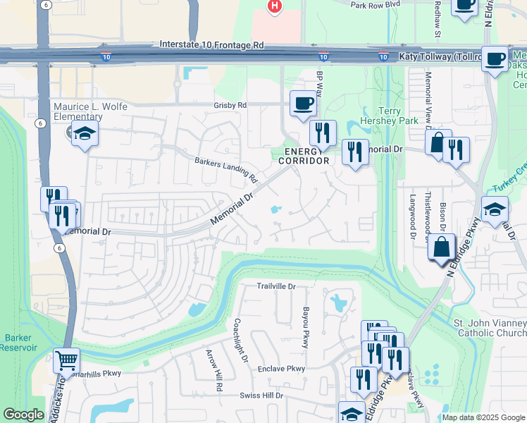 map of restaurants, bars, coffee shops, grocery stores, and more near 15635 Memorial Drive in Houston