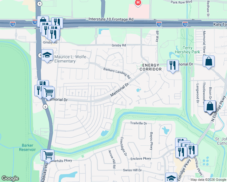 map of restaurants, bars, coffee shops, grocery stores, and more near 15715 Foxgate Court in Houston