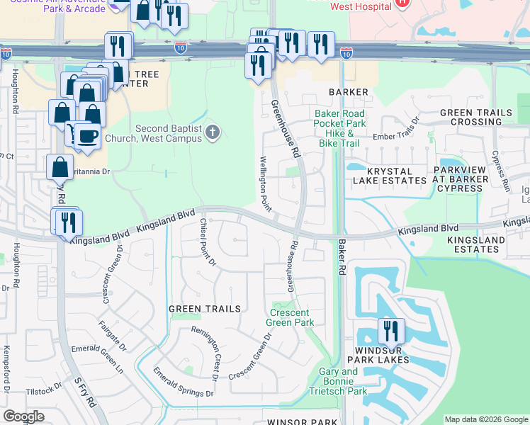 map of restaurants, bars, coffee shops, grocery stores, and more near 626 Wellington Point in Houston