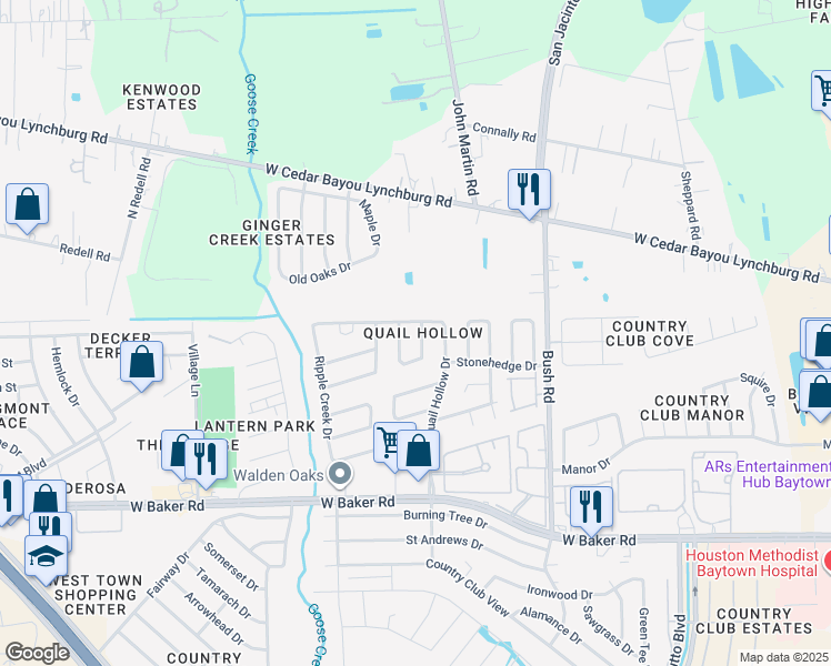 map of restaurants, bars, coffee shops, grocery stores, and more near 4810 Sandalwood Circle in Baytown
