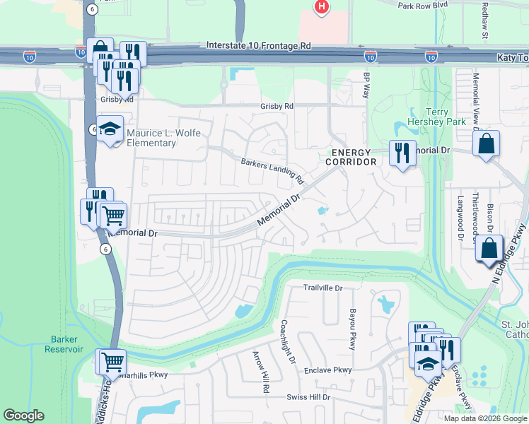 map of restaurants, bars, coffee shops, grocery stores, and more near 15715 Foxgate Court in Houston