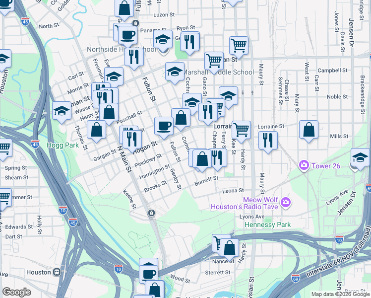 map of restaurants, bars, coffee shops, grocery stores, and more near 1719 Common Street in Houston