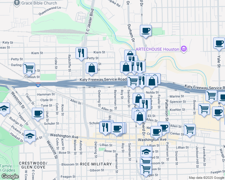 map of restaurants, bars, coffee shops, grocery stores, and more near 5225 Katy Freeway in Houston