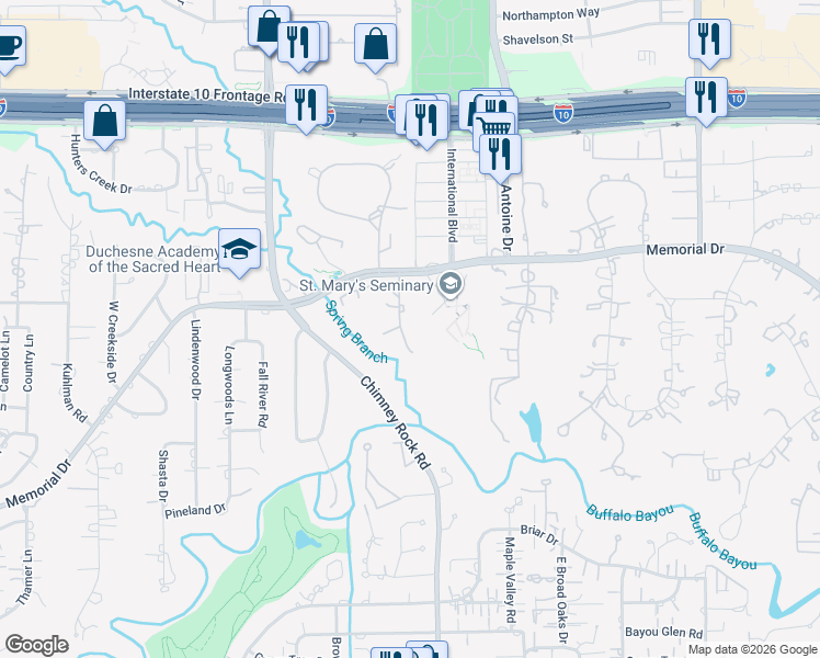 map of restaurants, bars, coffee shops, grocery stores, and more near 360 Timber Terrace Road in Houston