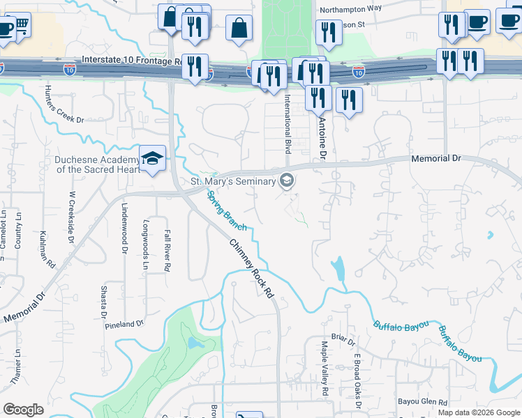 map of restaurants, bars, coffee shops, grocery stores, and more near 360 Timber Terrace Road in Houston