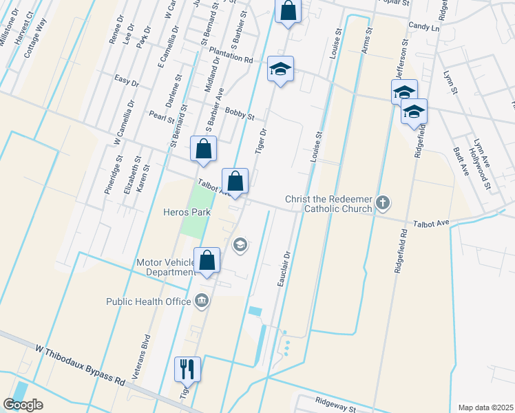 map of restaurants, bars, coffee shops, grocery stores, and more near 1019 Talbot Avenue in Thibodaux