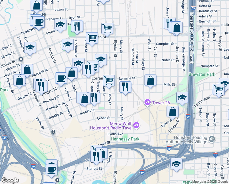map of restaurants, bars, coffee shops, grocery stores, and more near 1701 Mop in Houston