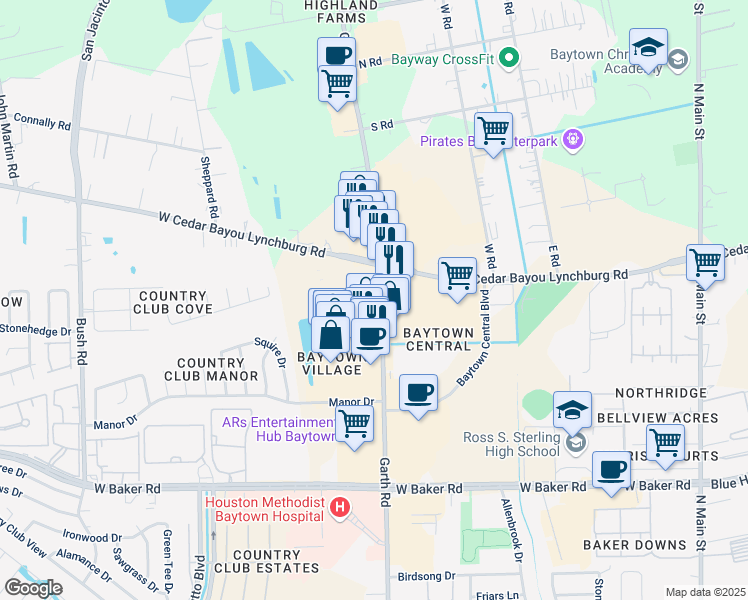 map of restaurants, bars, coffee shops, grocery stores, and more near 4723 Garth Road in Baytown