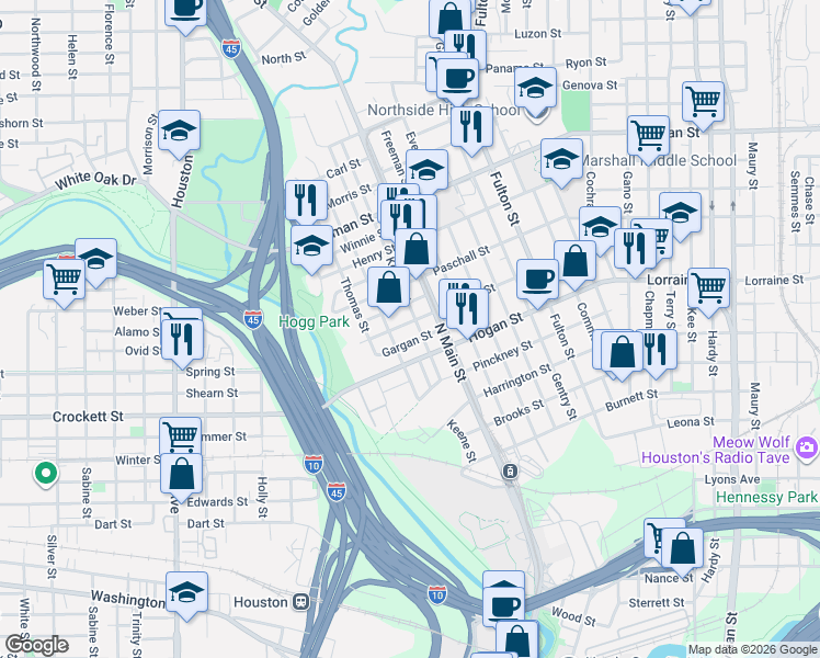 map of restaurants, bars, coffee shops, grocery stores, and more near 506 Gargan Street in Houston