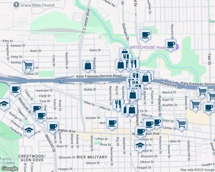 map of restaurants, bars, coffee shops, grocery stores, and more near 5225 Katy Freeway in Houston