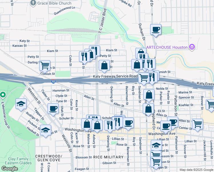 map of restaurants, bars, coffee shops, grocery stores, and more near in Houston