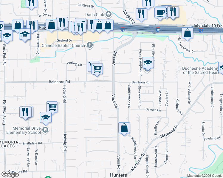 map of restaurants, bars, coffee shops, grocery stores, and more near 10802 Hunters Forest Drive in Houston