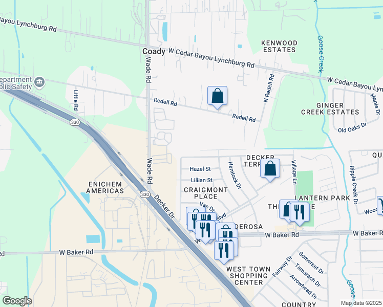 map of restaurants, bars, coffee shops, grocery stores, and more near 5420 Shirley Street in Baytown