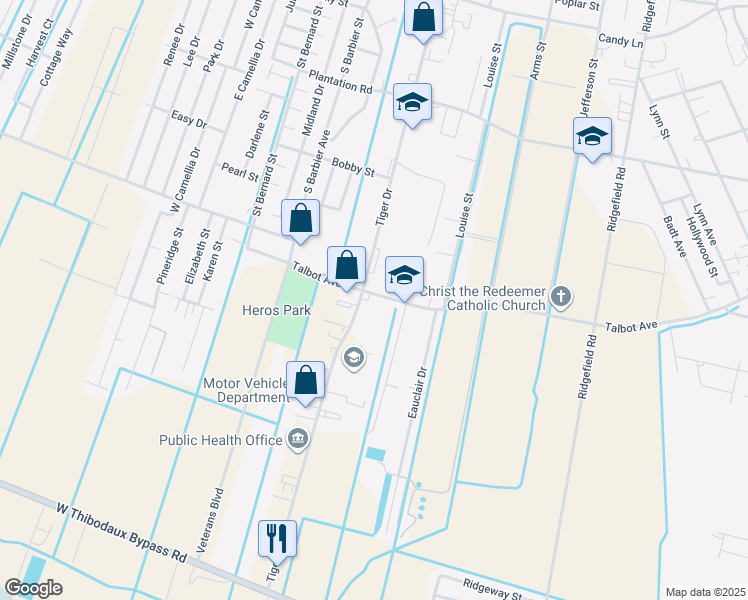 map of restaurants, bars, coffee shops, grocery stores, and more near 1019 Talbot Avenue in Thibodaux