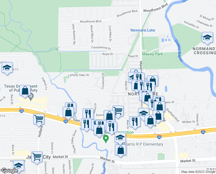 map of restaurants, bars, coffee shops, grocery stores, and more near 777 Coolwood Drive in Houston