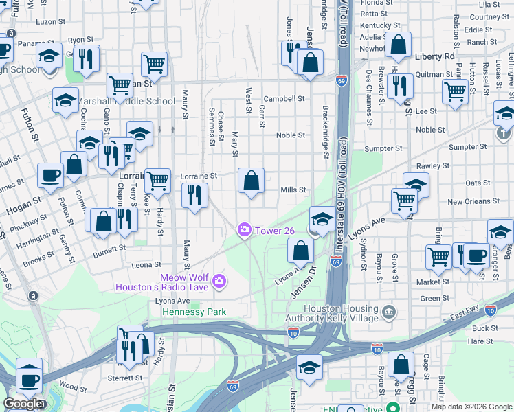 map of restaurants, bars, coffee shops, grocery stores, and more near 2310 Harrington Street in Houston