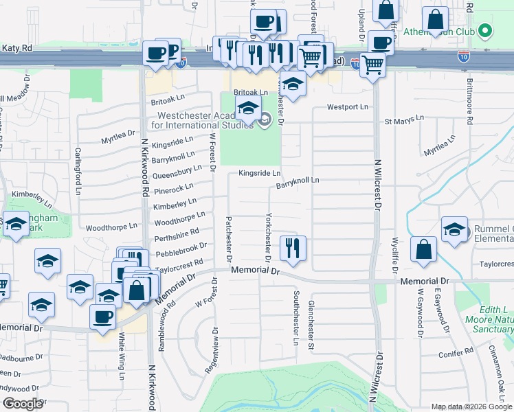 map of restaurants, bars, coffee shops, grocery stores, and more near 13634 Pinerock Lane in Houston