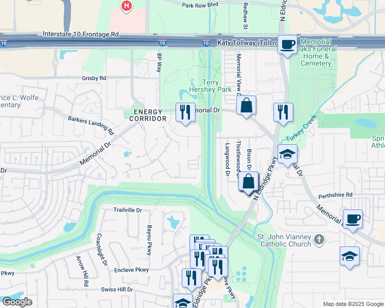 map of restaurants, bars, coffee shops, grocery stores, and more near 777 South Mayde Creek Drive in Houston