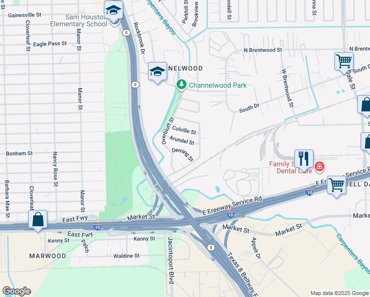 map of restaurants, bars, coffee shops, grocery stores, and more near 14931 Deming St in Channelview