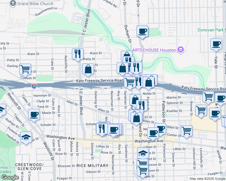 map of restaurants, bars, coffee shops, grocery stores, and more near 1852 Reinerman Street in Houston