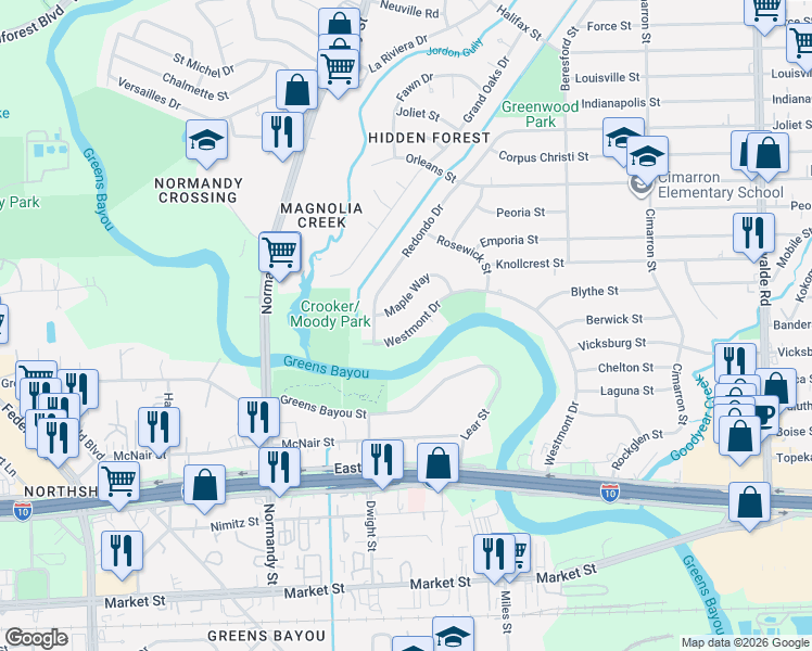 map of restaurants, bars, coffee shops, grocery stores, and more near 525 Westmont Drive in Houston