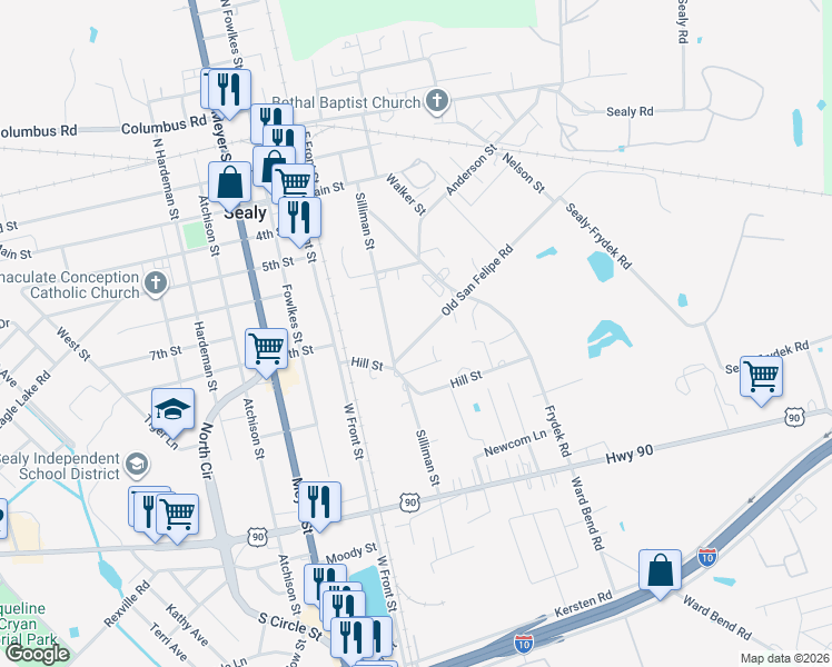 map of restaurants, bars, coffee shops, grocery stores, and more near 243 Old San Felipe Road in Sealy