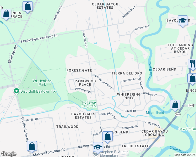 map of restaurants, bars, coffee shops, grocery stores, and more near 3505 La Reforma Boulevard in Baytown