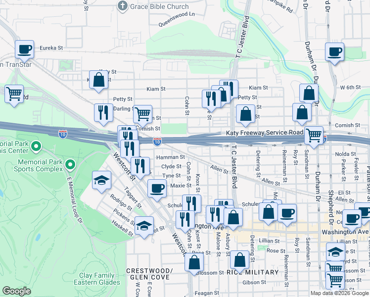 map of restaurants, bars, coffee shops, grocery stores, and more near 1811 Cohn Street in Houston