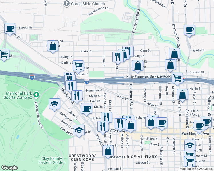 map of restaurants, bars, coffee shops, grocery stores, and more near 5529 Katy Freeway in Houston