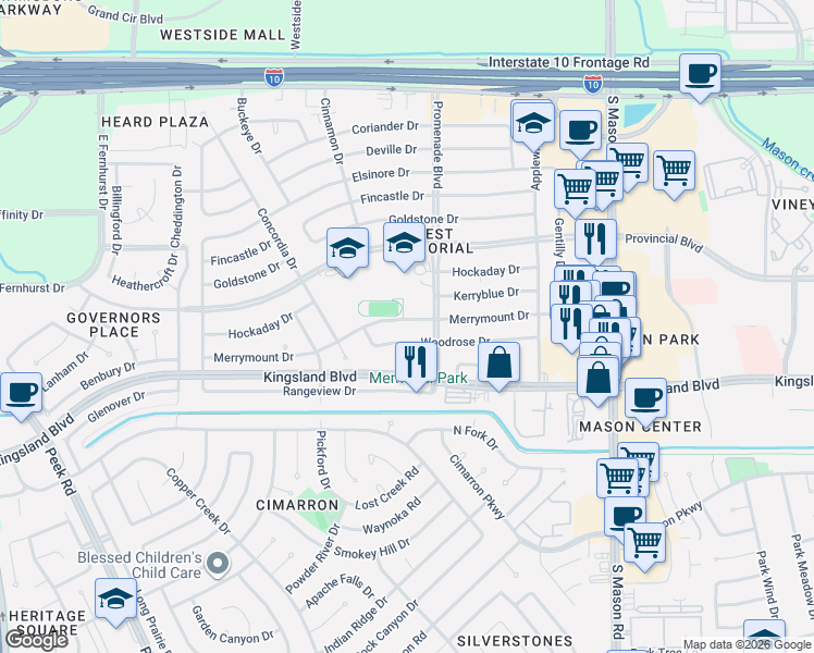 map of restaurants, bars, coffee shops, grocery stores, and more near 22402 Woodrose Drive in Katy