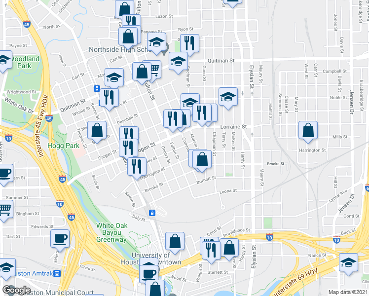 map of restaurants, bars, coffee shops, grocery stores, and more near 1721 Common Street in Houston