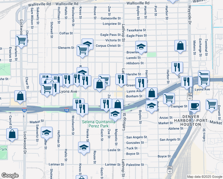 map of restaurants, bars, coffee shops, grocery stores, and more near 6750 Lyons Avenue in Houston