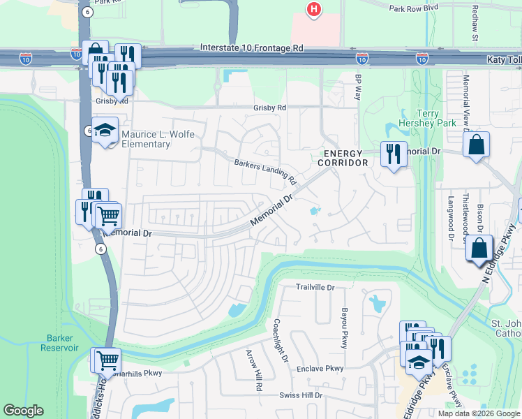map of restaurants, bars, coffee shops, grocery stores, and more near 15715 Foxgate Court in Houston