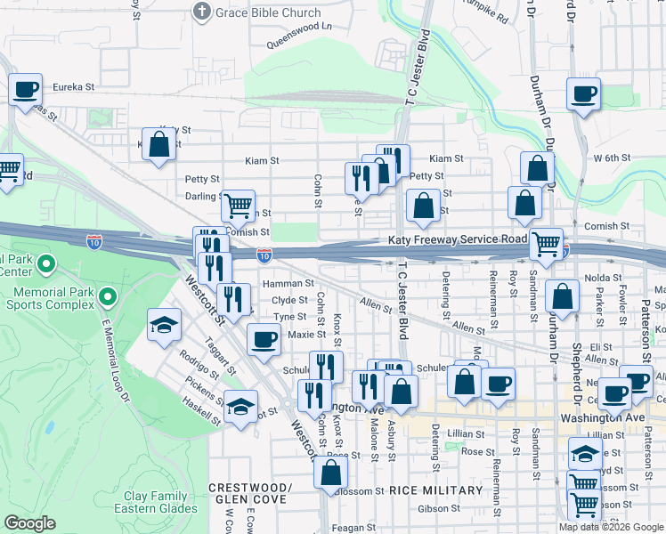 map of restaurants, bars, coffee shops, grocery stores, and more near 5529 Katy Freeway in Houston