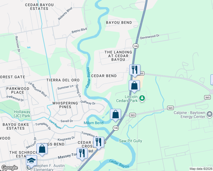 map of restaurants, bars, coffee shops, grocery stores, and more near 9906 Oak Leaf Drive in Baytown