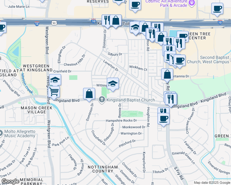 map of restaurants, bars, coffee shops, grocery stores, and more near 20500 Kingsland Boulevard in Katy