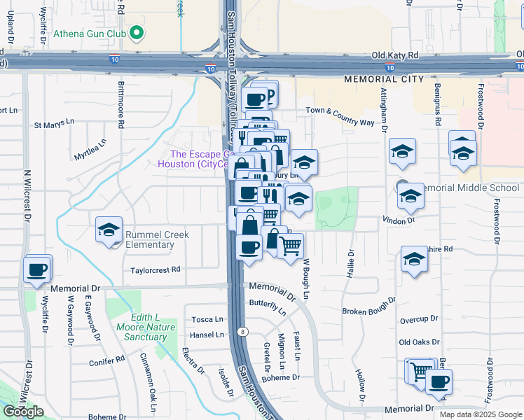 map of restaurants, bars, coffee shops, grocery stores, and more near 2400 Town and Country Boulevard in Houston