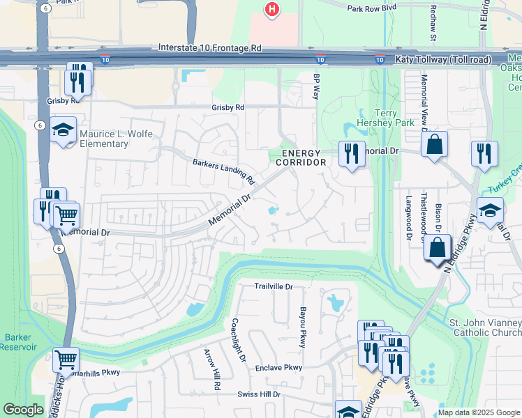 map of restaurants, bars, coffee shops, grocery stores, and more near 15635 Memorial Drive in Houston