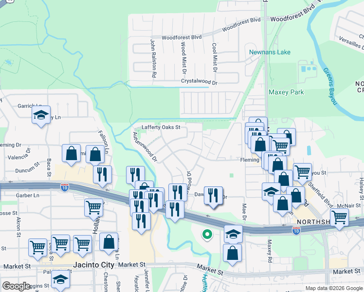map of restaurants, bars, coffee shops, grocery stores, and more near 11807 Fleming Drive in Houston