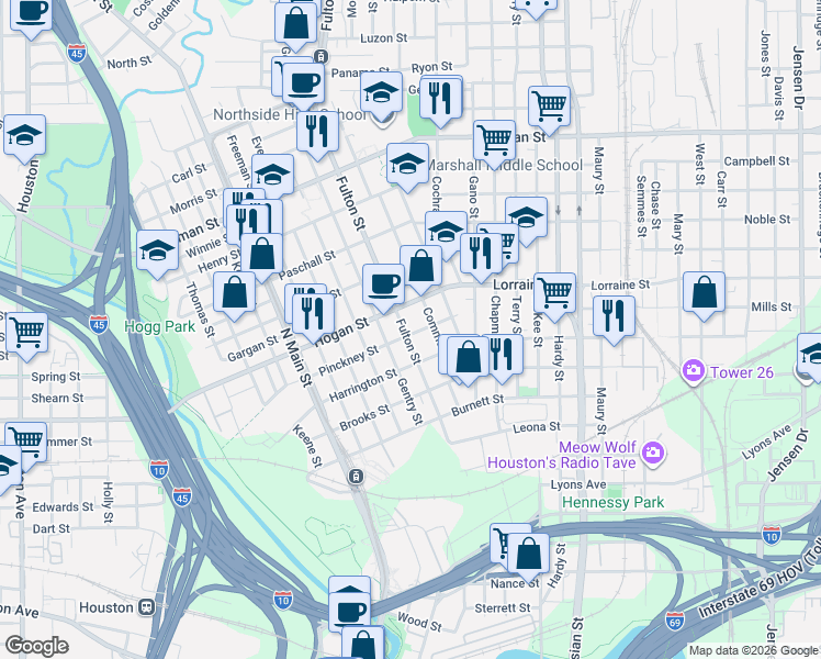 map of restaurants, bars, coffee shops, grocery stores, and more near 1719 Common Street in Houston