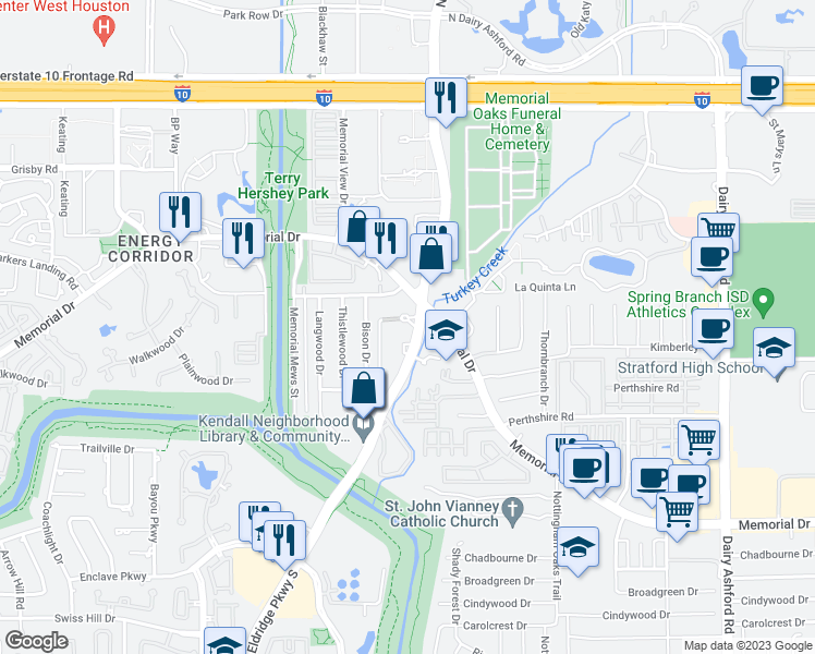 map of restaurants, bars, coffee shops, grocery stores, and more near 757 North Eldridge Parkway in Houston